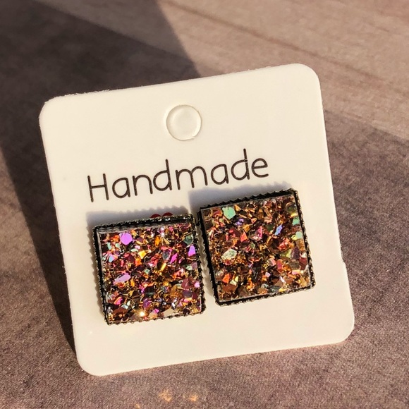 Copper Magenta Chunky Druzy Square Bronze Earrings - Picture 7 of 11